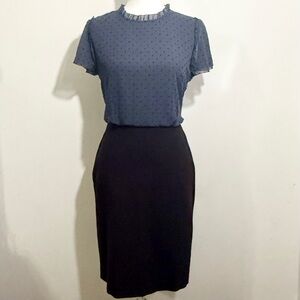 LOFT Dark Blue Swiss Dot Top & Black Pencil Skirt Dress — Size 6